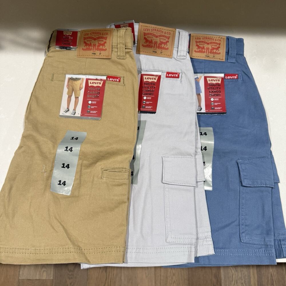 Lot 3 - Levi's Boy's Youth Sz: 14 Khaki Cargo Shorts Blue, Gray, Tan